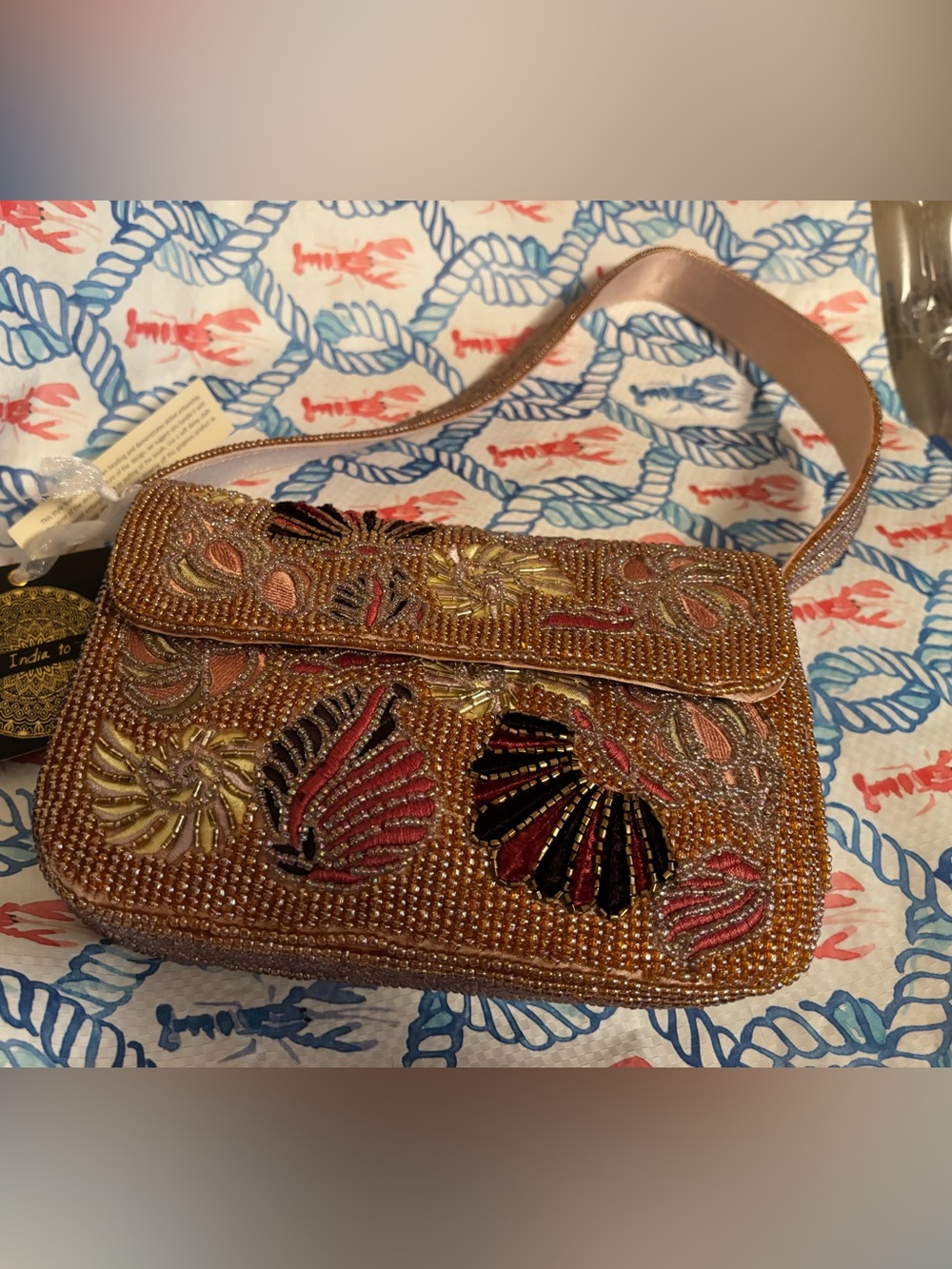 Beaded Shell Accent Shoulder Bag in Rose Gold